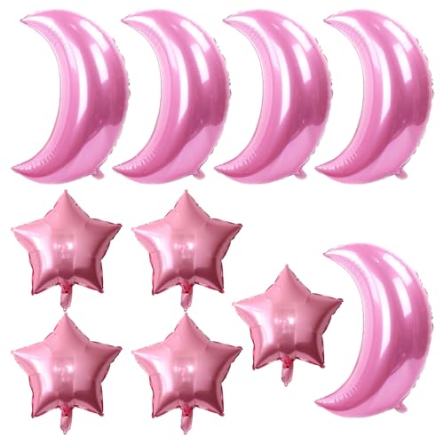 10pcs Large Moon Star Foil Balloons Set with 5 Pcs 28 Inch Large Moon Foil Balloons and 5 18 Inch Foil Star Balloons for Girl Baby Shower Party Wedding Birthday Decorations - color: Pink