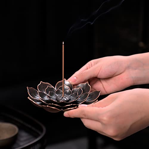 GARMOLY Large Incense Holder for Sticks Anti-Ash Spilling, Brass Lotus Incense Stick Holder and Detachable Ash Catcher - size: Large