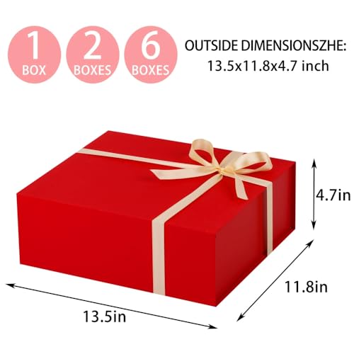 UoeRing 6 Pcs Red Gift Box Large 11.5x8x4 Inch with Magnetic Lid | Collapsible Luxury Present Box,for Birthday,Christmas Holiday Gift Includes Card,Ribbon,Tissue Paper & Shredded Filler - color: 13.5x11.8x4.7 Inch-Red-Pack of 6