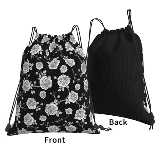 Breathable Polyester Drawstring Bag Black Roses Pattern, Large Capacity String Backpack for Swimming Pool - color: Pattern (362)