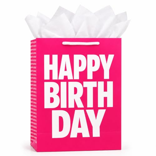 Birthday Gift Bag with Tissue Paper – Medium/Large Color Gift Bag with Handles (Pink, Blue, or Black) – Premium Paper Gift Bag for Birthday Gifts, Party Supplies, Gift Wrapping Alternative (PINK) - color: Birthday Pink