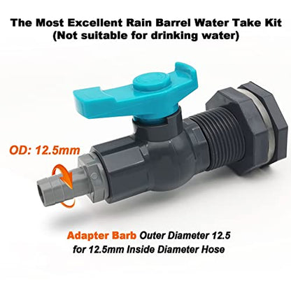 Rain Barrel Spigot PVC Faucet Kit Water Diverter Kit with Bulkhead Fitting, Ball Valve, Garden Hose Barb(12.5mm) Adapter, Pipe Clamps, Thread Tape, Hole Saw(for 12.5mm ID Hose) - size: For 12.5mm ID hose