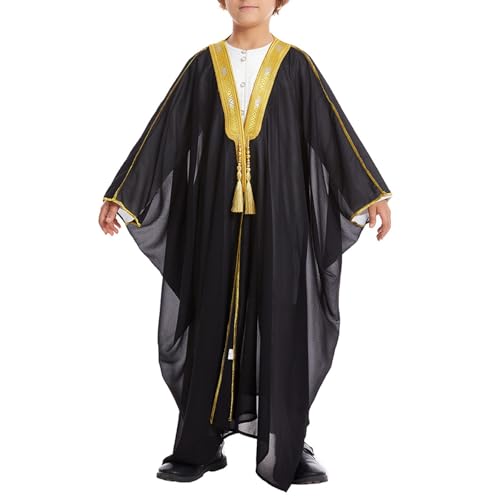 Toddler Boys Muslim Arabic Thobe Long Sleeve Embroidered Islamic Kaftan Teens Middle East Prayer Dress Ramadan Eid Clothes - color: Black, size: 1-2T