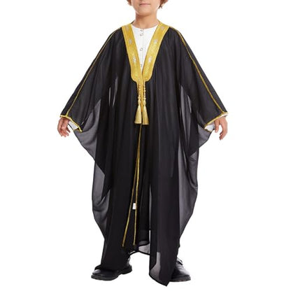Boys Muslim Arabic Thobe Soft Lightweight Embroidered Robe Islamic Kaftan Middle East Prayer Party Dress Ramadan Eid Outfits - color: Black, size: 9-10 Years
