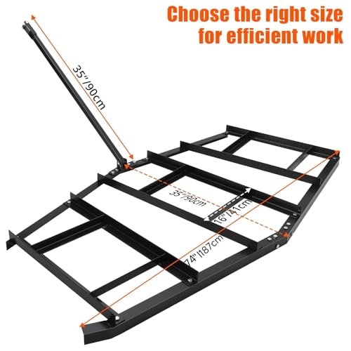 Garvee 74 Inch Wide Heavy Duty Steel Drag Harrow – Tow Behind Leveling Rake with Pin Hitch, Up to 50lbs Capacity, Perfect for Lawn, Driveway, Garden, Tractors, ATVs, UTVs, Mowers – Great for Sand - size: 74 in