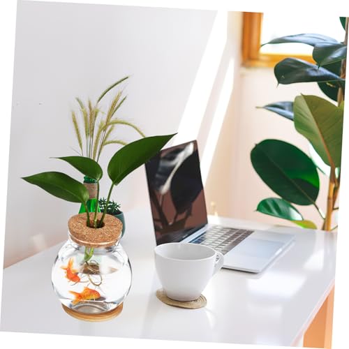 TOYANDONA Desktop Hydroponic Glass Fish Bowl with Lid and Mat Small Betta Fish Tank for Aquatic Plants Terrarium Vase for Home Office Decor