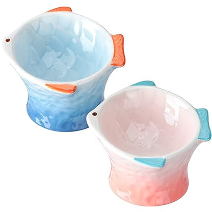 Tioncy 2 Pcs Raised Tilted Ceramic Cat Food Bowl Fish Shape Cute Elevated Slanted Shallow Angled Cat Dish Non Slip Feeder Bowl for Anti-Vomiting and Whisker Fatigue(Blue, Pink) - color: Blue, Pink