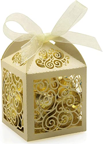 KPOSIYA 70 Pack Wedding Favor Boxes Laser Cut Boxes Party Favor Box Small Gift Boxes Lace Candy Boxes for Wedding Bridal Shower Baby Shower Birthday Party Anniverary with Ribbons (Beige, 70) - color: Beige 70