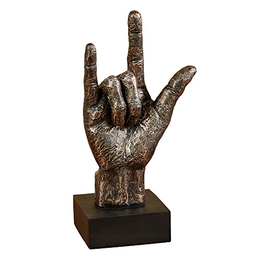 Touch of Class I Love You Hand Table Sculpture Bronze - Abstract Art - 9 W x 6 D x16 H - Square Wooden Base is Black - Bronze Finishing with Gold Highlights - Loving Sign Language Decor