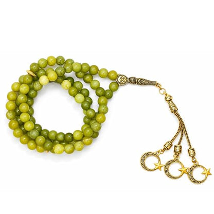 Amazing Gemstone Crystal Tasbeeh with Moon and Star Charm - Certified Crystal Muslim Prayer Beads Natural Gemstone Tasbih Gift for Ramadan Dhikr and Daily Namaz (G) - color: Green Jade