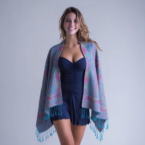 TUSHUSTY Pashmina Feel Shawls Wraps Rave Scarf for Women Soft Silky Reversible Men Scarves Hijab - color: Blue Purple Pink