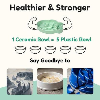 Ceramic Cat Slow Feeder Bowl - Shallow Whisker Friendly Cat Plate for Dry and Wet Food - Puzzle Feeder for Slow Eating - Helps Reduce Vomiting - Microwave & Dishwasher Safe -Non Slip(Green,6.3''W) - color: Green