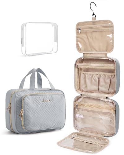 BAGSMART Toiletry Bag Hanging Travel Makeup Organizer with TSA Approved Transparent Cosmetic Bag Makeup Bag for Full Sized Toiletries, Medium-Grey - color: Grey, size: Medium
