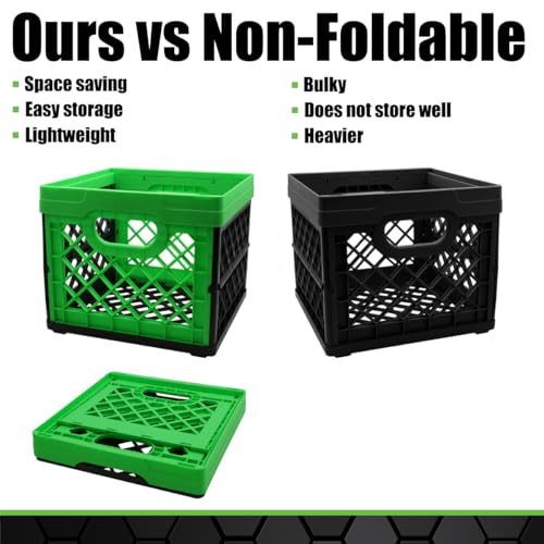 Grip Folding Stackable Storage Bin, Grn, 6 Gallon - Dimensions: 13" x 13" x 11" - Milk Crate - Capacity: 50 lbs - Heavy Duty Plastic - Collapsible Crate for Sporting Goods, Toys, Pool Toys, Files