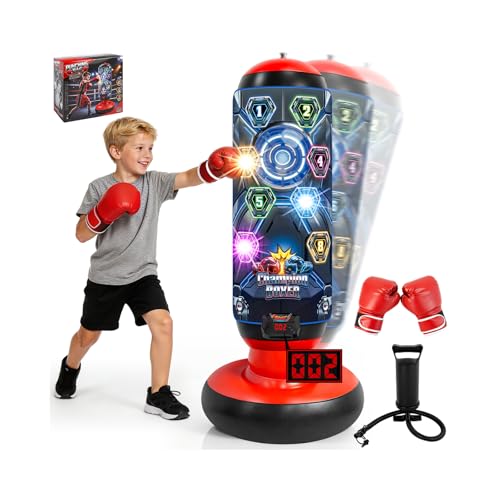 Kids Punching Bag with Gloves, Inflatable Boxing Set with Scoring, Lights & Music, 4 Game Modes, Freestanding Electronic Boxing Bag, Interactive Training Set Birthday Gift for Boys Girls Ages 4-12