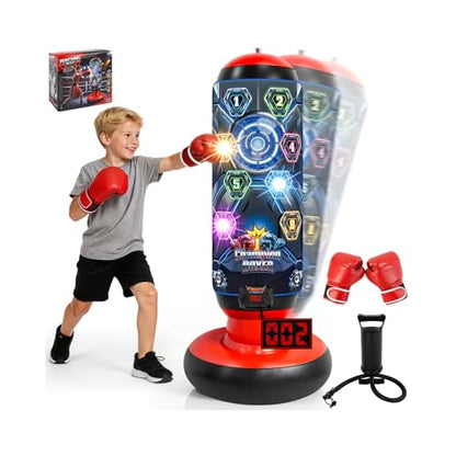 Kids Punching Bag with Gloves, Inflatable Boxing Set with Scoring, Lights & Music, 4 Game Modes, Freestanding Electronic Boxing Bag, Interactive Training Set Birthday Gift for Boys Girls Ages 4-12