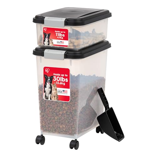 IRIS USA Dog Food Storage Container 30 lb + 11lb Airtight Combo, Stackable Pet Food Storage Bin with Wheels for Cat Dog Food, BPA Free, Made in USA, Black | Stackable Pet Food Plastic Storage Bins with Wheels for Cat and Dog Food, Made in USA - color: Bla