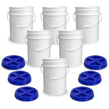 5 Gallon Bucket - Food Grade w/Lid BPA-Free, White/Blue, 6 | Airtight Gamma Seal Screw-On Lid, Heavy-Duty 90 Mil HDPE Plastic, Food Safe and Durable Container, Bulk Storage, Made in USA - color: White/Blue, size: 6 Packs