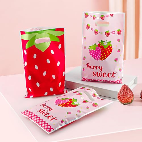 LERCTH Strawberry Themed Gift Bags, Berry Sweet Goodie Bags, Cute Pink Red Treat Bags for Fruit Birthday Party Supplies - color: Strawberry gift bags 30 packs