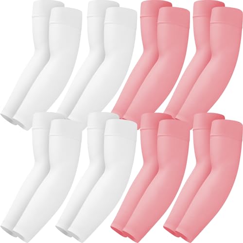 Mochabao 8 Pairs Soft Arm Sleeves, UV Sun Protection Cooling Compression Arm Covers for Outdoor Work, Sports, Men & Women - color: 4 White + 4 Rose Red