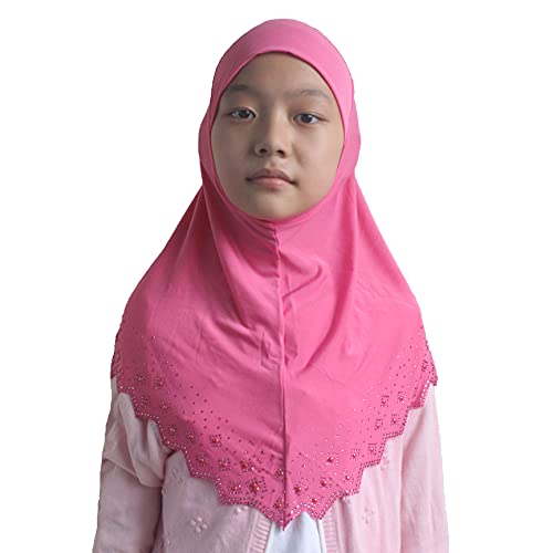Girls Hijab with Rhinestones – Sparkly Non-Slip Amira Scarf for Kids, for Daily Prayer, School, Ramadan & Eid (Ages 4-12) - color: Rose Red