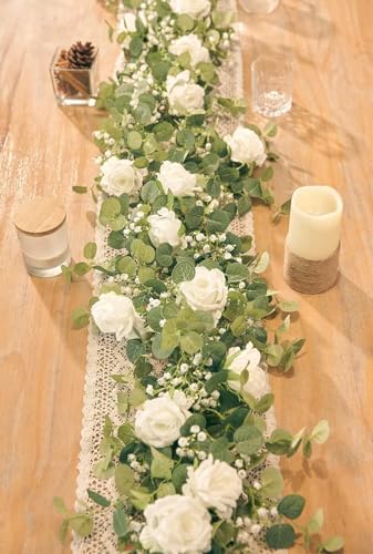 Anna's Whimsy 5.91FT Artificial Eucalyptus Garland with Flowers, Fake Flower Rose Gypsophila, Faux Floral Greenery Garland for Wedding Spring Home Party Craft Art Table Runner Decor - color: White, size: 1PCS