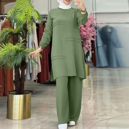 Abayas Dress For Women Muslim Long Sleeve Loose Top Pants 2 Pcs Dubai Islamic Muslim Women Matching Sets - color: Sage Green Cc, size: X-Large