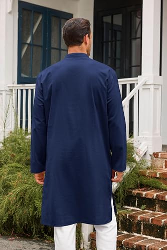 Runcati Mens Kaftan Thobe Button Down Casual Henley Shirts Long Sleeve Robe Cotton Linen Muslim Gown Shirt - color: Navy, size: Medium