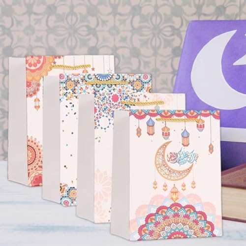 Sanfly Eid Mubarak Gift Bags 12pcs Ramadan Islamic-Themed Handheld Kraft Paper Bag Sweet Candy Bags for Arabian Eid Party