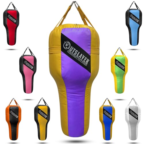 Outslayer Angle Uppercut Heavy Punching Bag for Boxing & MMA - Customizable Colors, Optional D-Ring, Unfilled/Soft Filled Choices - Made in USA - color: Purple/Yellow, style: FIlled WITH Bottom D-Ring