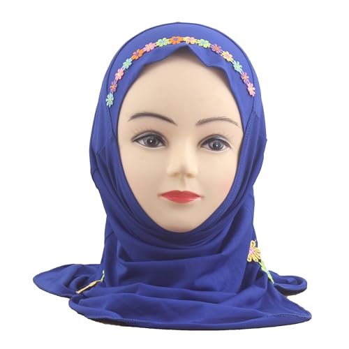Girls Instant Hijab – Soft Kids Muslim Scarf with Flower, Breathable One-Piece Headscarf for Toddlers Age 2-8 - color: Small Flower-blue