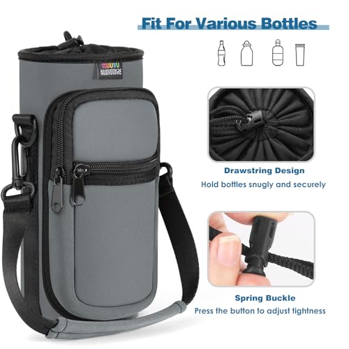 Nuovoware Water Bottle Carrier Bag, 25oz/32oz Bottle Pouch Holder, Adjustable Shoulder Hand Strap 2 Pocket Sling Neoprene Sleeve Sports Accessories for Hiking Travelling Camping, Light Gray | Adjustable Shoulder Hand Strap, 2 Pocket, Neoprene Sleeve, For