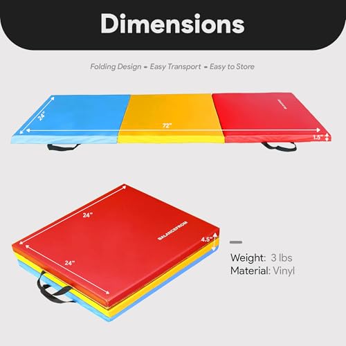 BalanceFrom 6x2 Feet 3-Panel Folding Gymnastics Mat – 1.5-Inch Thick Pad with Vinyl Surface and Carrying Handles for Tumbling, Yoga, Pilates, Home Workouts, and Martial Arts - color: Multi-Color