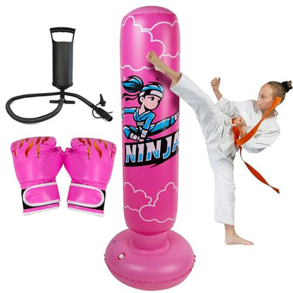 Onirii 66 Inch Kids Inflatable Punching Bag | Large Stable Kids Inflatable Boxing Bag Toy Set with Gloves for Boys & Girls Age 3-12 for Taekwondo,MMA and Practicing Karate - color: Ninja Pink