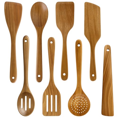 8 Pcs Best Acacia Wood Kitchen Utensil Set Wooden Spoons for Cooking Wok Turner Spatulas Bamboo Non Toxic Cooking Utensils Scraper Spurtle Kitchen Slotted Cooking Spoon Flat Egg Flipper Spatula Set - color: 8Pcs-Utensils