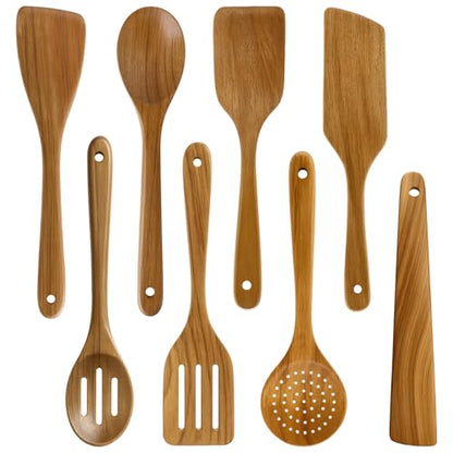 8 Pcs Best Acacia Wood Kitchen Utensil Set Wooden Spoons for Cooking Wok Turner Spatulas Bamboo Non Toxic Cooking Utensils Scraper Spurtle Kitchen Slotted Cooking Spoon Flat Egg Flipper Spatula Set - color: 8Pcs-Utensils