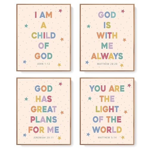 LARTSFRO Kids Bible Wall Art Prints, Inspirational Bible Verses God Decor for Nursery Baby Bedroom, Christian Wall Art, Classroom Decor, Gifts for Kids 10x8 Inch Set of 4 Unframed - color: i am a child of god, size: 8X10in