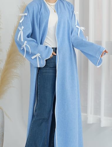 ODIZLI Women's Eid Abaya Dresses Long Sleeve Open Front Pearl Bowknot Prayer Dress Ramadan Cardigan Dubai Kaftan - color: Blue, size: Small