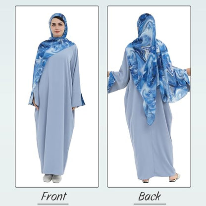 Printing Long Sleeve Abaya with Zipper for Women Dubai and Turkey Robe Spring and Summer Loose and Causual Dress - color: Blue+hijab, size: Medium