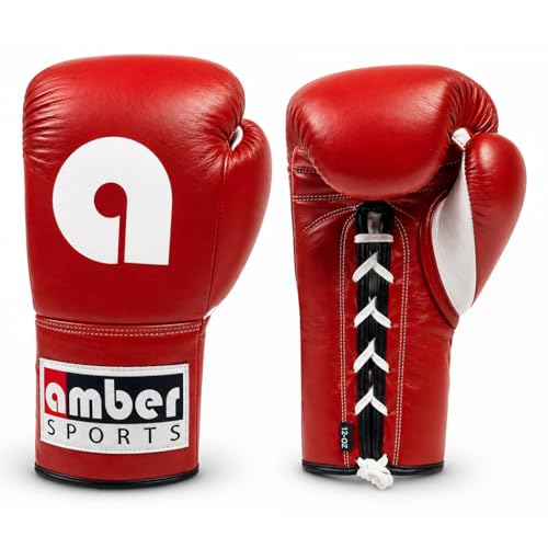 Amber Fight Gear Professional Leather Fight Gloves – Competition Ready Boxing & Kickboxing Gloves – Padded Multi-Layered Foam – Pre-Curved Safety Design – Sizes 8oz, 10oz, 12oz – Red & Blue - color: Red, size: 8 oz