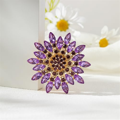 Rhinestone Sunflower Brooch Pin Red Pink Flower Brooch Stylish Crystal Brooch Elegant Clothing Hat Bag Accessories Jewerly for Women - color: Purple1