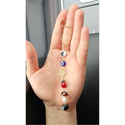 Evil Eye 자동차 걸이 장식, 백미러용 귀여운 자동차 참, 네잎 클로버, 무당벌레, 공 8개, 버섯, 음양 심보 및 보헤미안 자동차 액세서리가 있는 행운의 장식