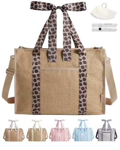 BAGSMART Beach Tote Bag for Women, Personalized Teacher Appreciation Gifts | Self-standing Sandproof Mesh Bag, Custom Jute Gift Tote w/ Stencils & Markers, Monogrammed Gift Bag Travel Cruise Essentials - color: Khaki Brown Leopard Print, size: 21L Jute