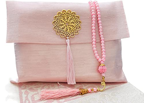 Muslim Prayer Rug and Beads with Elegant Slub Fabric Bag | Janamaz | Sajadah | Soft Islamic Prayer Rug | Islamic & Mawlid Gifts | Prayer Carpet Mat, Taffeta Fabric (Pink, 8 Sets) - color: Pink, size: 8 Sets