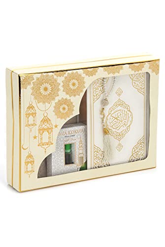 ihvan online Prayer Gift Box for Hajj and Umrah, Muslim Prayer Rug, Islamic Mat, 99 Pearly Prayer Beads Tesbih, Holy Quran, Islamic Deluxe Set for Ramadan & Eid Gift, White/Set 2 - color: White / Set 2