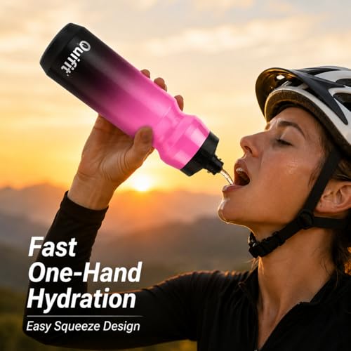 QuiFit Hockey Water Bottle with Long Straw -32oz Lacrosse Water Bottle 2 Pack with 2 Lids Each- BPA Free Squeeze Sports Water Bottles, Leakproof Dishwasher Safe- for Helmet,Lacrosse (Black Pink) - color: Black Pink
