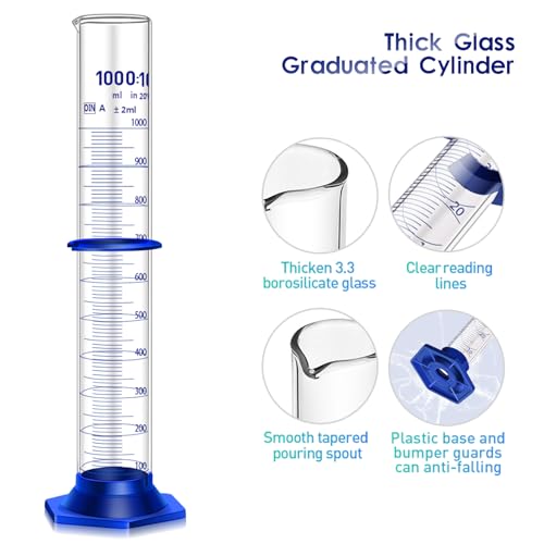 Thick Glass Graduated Cylinder Measuring Liquid Lab Cylinders with Anti-falling Plastic Base and Bumper Guard (glass, 1000ML) - size: 1000ML