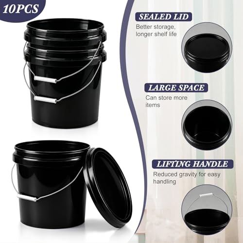 Mumufy 10 Pcs 3.5 Gallon Round Food Grade Bucket with Lid Plastic Buckets Pail with Handle Lid Heavy Duty Buckets for Storing Dry Food Charcoal Camping Fishing(Black) - color: Black, style: Round