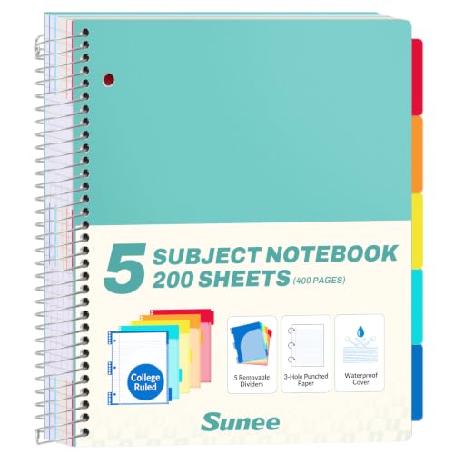 SUNEE 5 Subject Notebook College Ruled - 400 Pages, 9"x11", 5 Pocket Colored Dividers, 3-Hole Punched Paper, Teal - color: Teal, style: College Ruled