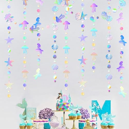 Iridescent Mermaid Birthday Party-Decorations Garland - 40FT Euphoria Under The Sea Jelly Fish Favors,Seashell Starfish Hanging Streamers Swirl,Little Mermaid Baby Shower Banner Decor Panduola - color: Blue